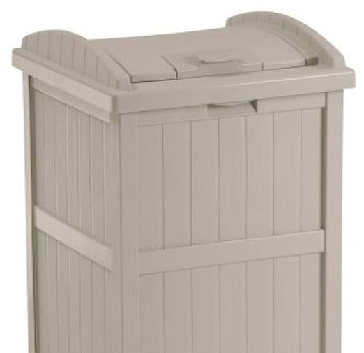 Suncast 6 Pack 15.75" x 16" x 31.6" Trash Hideaway 33 Gallon Resin Outdoor Commercial Garbage Container with Lid for Backyard, Deck, or Patio in Taupe - Image 3