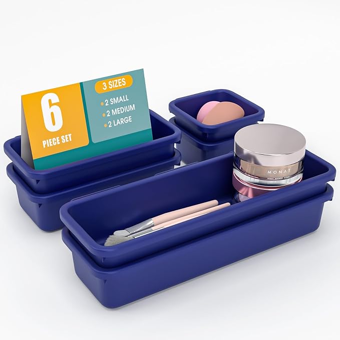 6 PCS Drawer Organizer Set, 3 Size Makeup Drawer Divider Organizer With Non-Slip Pads, Interlocking Plastic Storage Bins for Office,Jewelry Vanity,Gadgets, Bathroom,Kitchen, Navy by StoreHappily