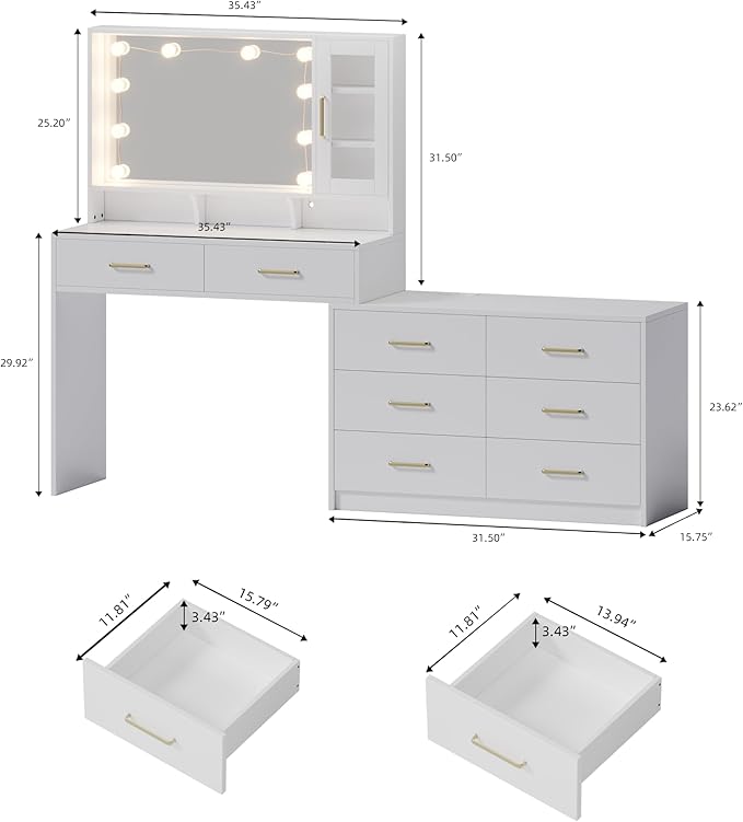 UGTOO Makeup Vanity Desk with Mirror and Lights, 59" Makeup Desk with Drawers & Cabinet & Dresser, Large Vanity Table with 8 Drawers, Vanity Desk with Large Mirror and 3-Color Lights for Girls