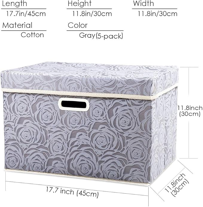 PRANDOM Large Storage Boxes with Lids [5-Pack] Fabric Decorative Storage Bins Cubes Organizer Containers Baskets with Handles for Closet Grey 17.5x11.8x11.8 In For 6+ Year Old Boys and Girls - Image 4