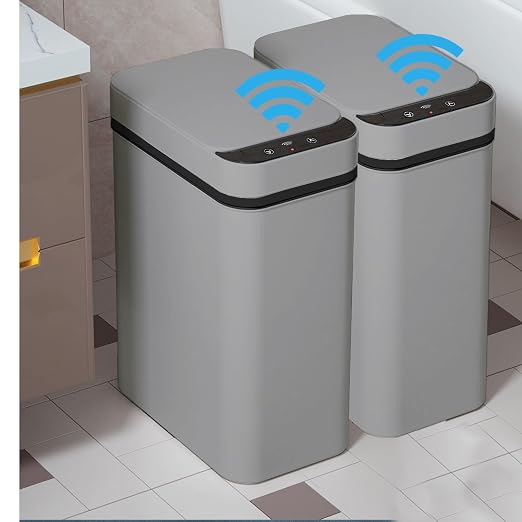 Yatmung 2 Pack - 2.5 Gallon Motion Sensor Bathroom Trash Can - Slim Smart Trash Cans - Skinny Trash Bin with Lid - Electric, Narrow, Plastic, Auto Open - Small Automatic Garbage Can (Grey) by Yatmung