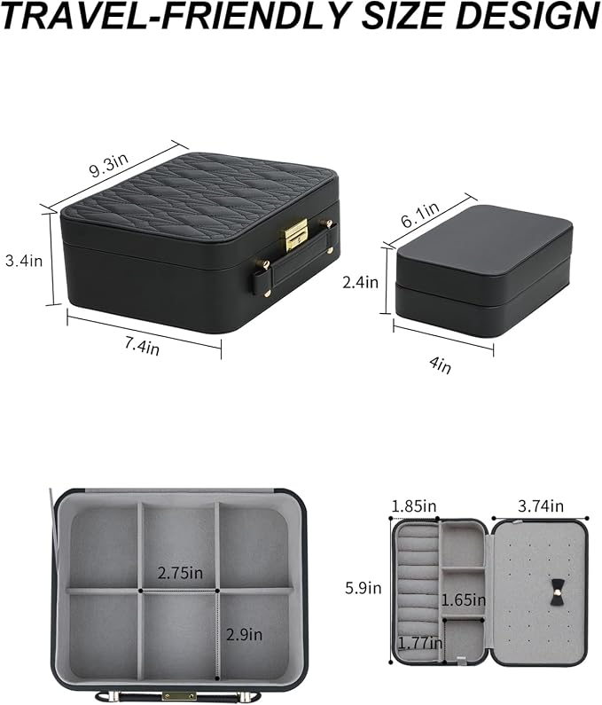 Portable Jewelry Box, Large Travel Jewelry Case Organizer (Black) - Image 5