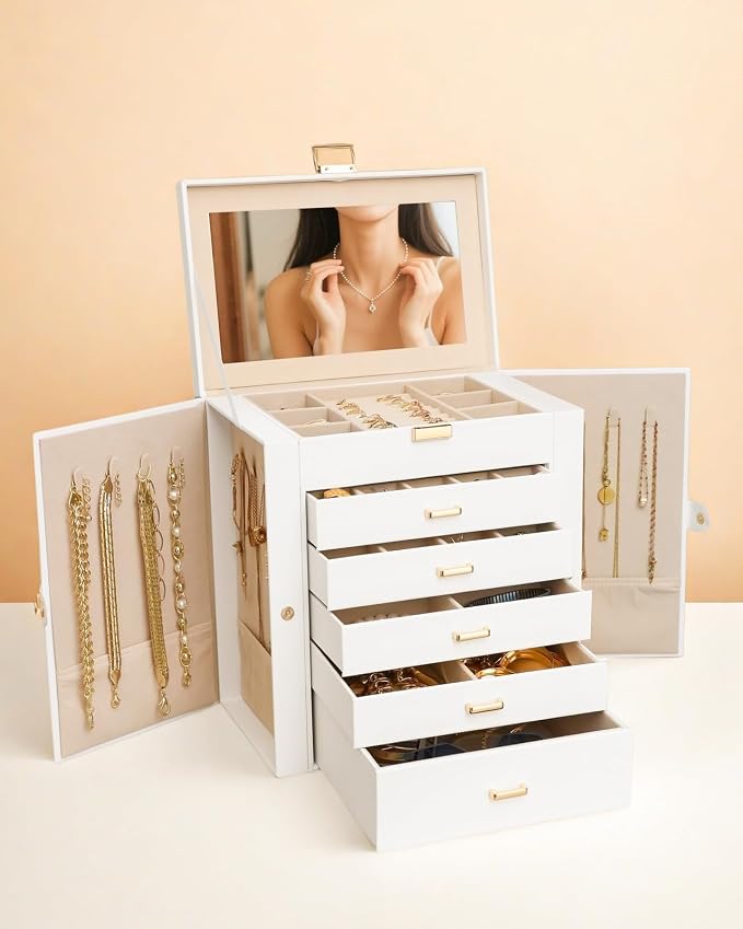 BOOVO Jewelry Box For women, 6 Layer Large Jewelry Organizer With Mirror, Multi-Function Storage Box With Lock, Necklace Holder With 5 Drawers, For Earrings Necklace Bracelet (White and Gold) - Image 6