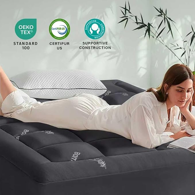 Anluoer Memory Foam Mattress Topper Queen for Back Pain, Rayon Derived from Bamboo Pillow Top Mattress Topper for Hot Sleepers,Cooling Mattress Pad with 8-21" Deep Pocket, 60x80 Inches, Dark Grey