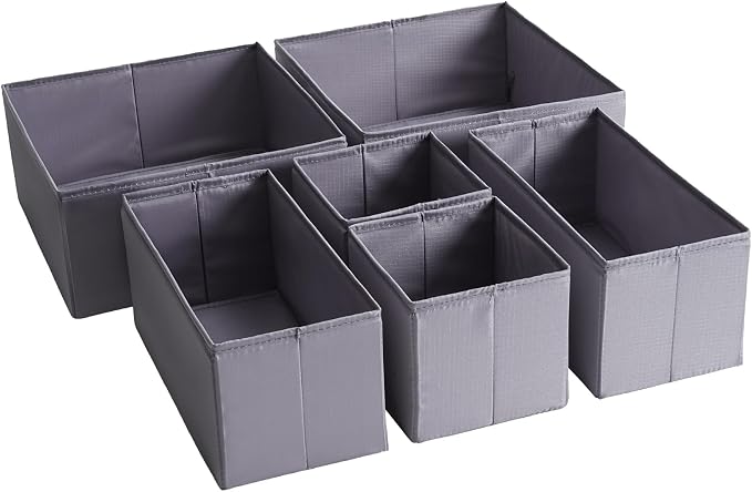 TYEERS Drawer Organizers, Durable Fabric, Washable, with Base Support Boards, Small Storage Boxes for Bathroom, Closet, Dresser, Set of 6, Dark Grey by StorageOrganization