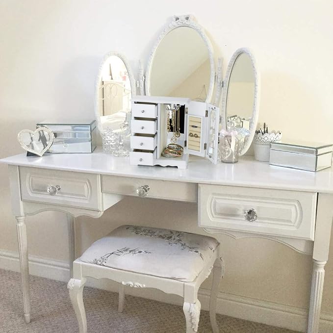 RR ROUND RICH DESIGN Jewelry Box - Made of Solid Wood with 4 Drawers Organizer and Built-in Necklace Carousel and Large Mirror White - Image 6