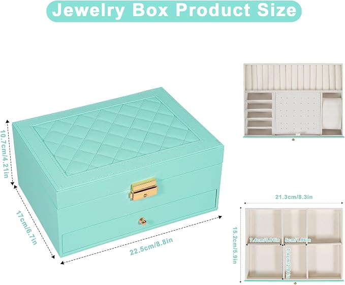 GUOER Jewelry Box for Women Girl Wife - Large PU Leather Jewelry Organizer Storage Case with Two Layers Display for Earrings Bracelets Rings Watches (Teal) - Image 3