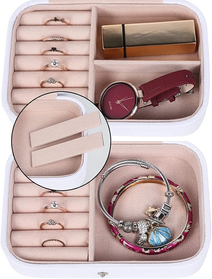 Hatori Travel Jewelry Box, PU Leather Small Jewelry Organizer for Women Girls, Portable Mini Travel Case Display Storage Holder Boxes for Stud Earrings, Rings, Necklaces, Bracelets (White Beige) - Image 6