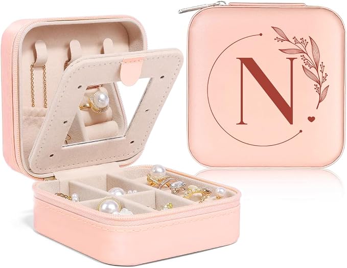 SANDJEST Personalized Jewelry Box, Pink Small Travel Jewelry Box with Initial N, Monogrammed Jewelry Case Organizer for Girls Women Teen, Mini Travel Essentials Gifts for Christmas Birthday by SANDJEST