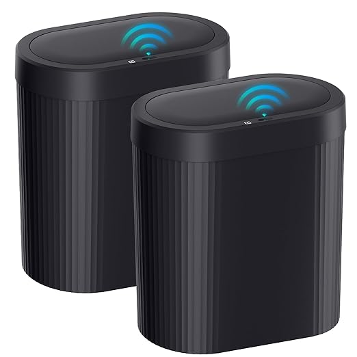 jinligogo 2 Pack 5 Gallon Bathroom Trash Can with Lid, Automatic Motion Sensor Black Trash Can, Touchless Slim Waterproof Garbage Bin for Kitchen, Bedroom, Office, and Bathroom by SecureSpacesCleanerPlaces