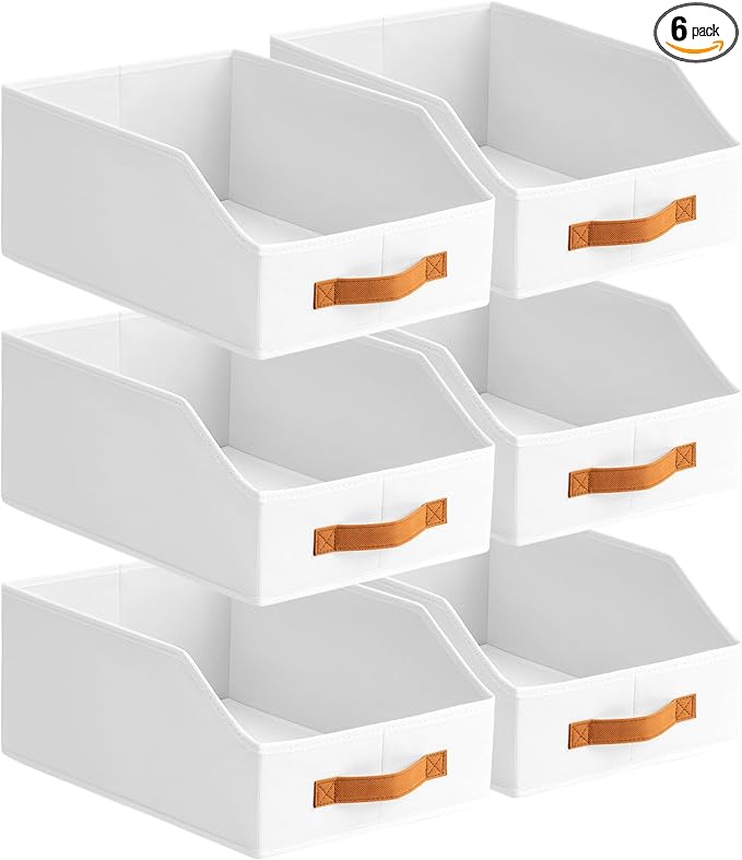Homsorout Fabric Storage Bins for Organizing - 6 Pack Large Trapezoid Collapsible Storage Bins with Front Handle, Closet Organizers and Storage for Bedroom, Home Shelves, Small Spaces, White by Homsorout