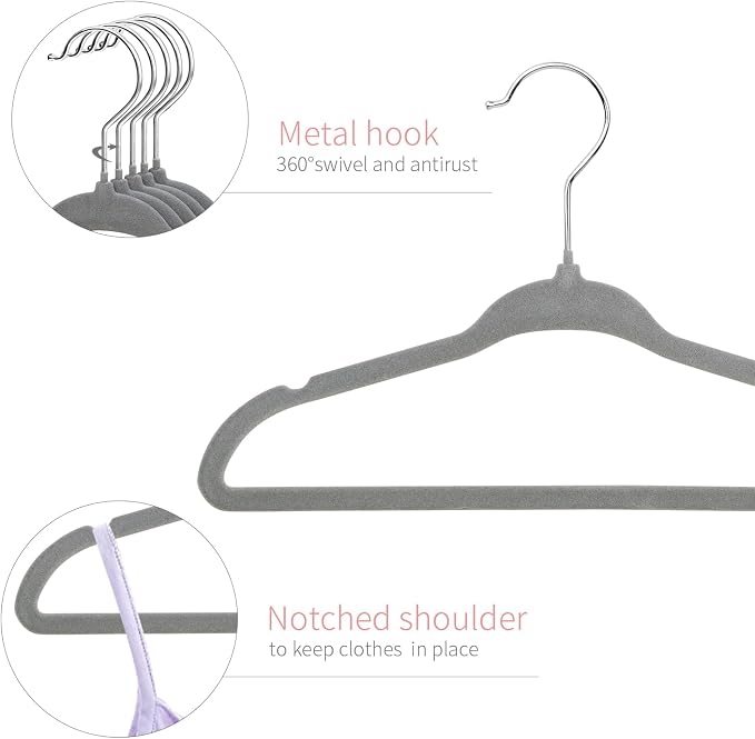 ManGotree Non-Slip Baby Velvet Clothes Hangers, Kids Coat Hangers with Swivel Hook and Notched Shoulders, Hanger for Children, Infant, Toddler Clothes 15 Pack (Grey) - Image 3