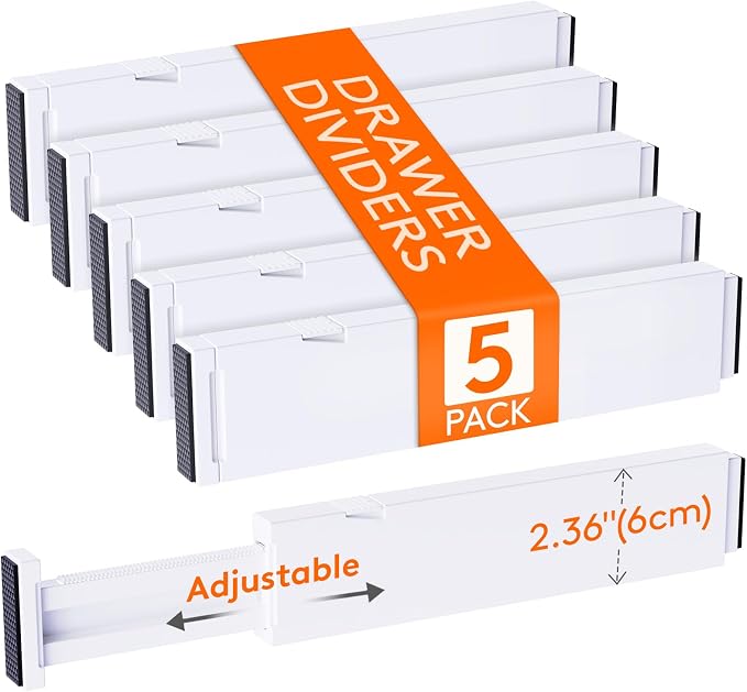 Lifewit 5 Pack 2.36" High Drawer Dividers 28-43.5cm/11-17" Adjustable Drawer Organizer for Clothes/Utensils, Expandable Drawer Separator in Dresser/Kitchen/Bedroom/Office Organization & Storage White by Lifewit