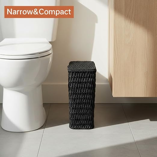 Coeusy 3 Gallon Paper Rope Bathroom Trash Can,Small Wicker Trash Cans with Lid and Liner,Woven Rattan Narrow Waste Basket for Bedroom,Office,Black - Image 4