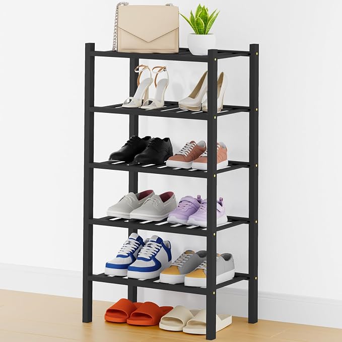 Smiry Shoe Rack, 5 Tier Thick Small Bamboo Shoe Organizer, Stackable Free Standing Wooden Shoe Storage Shelf for Closet, Entryway, Front Door Entrance, Black by Smiry