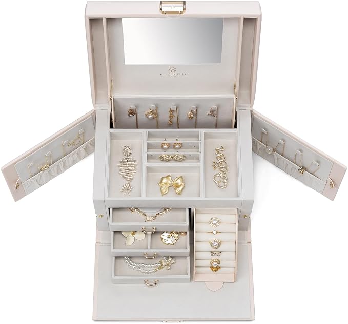 Vlando Mirrored Jewelry Box Organizer, Leather Jewelry Storage Case, Necklaces Earrings Rings Brackets Box Holder, Pink Beige - Image 2