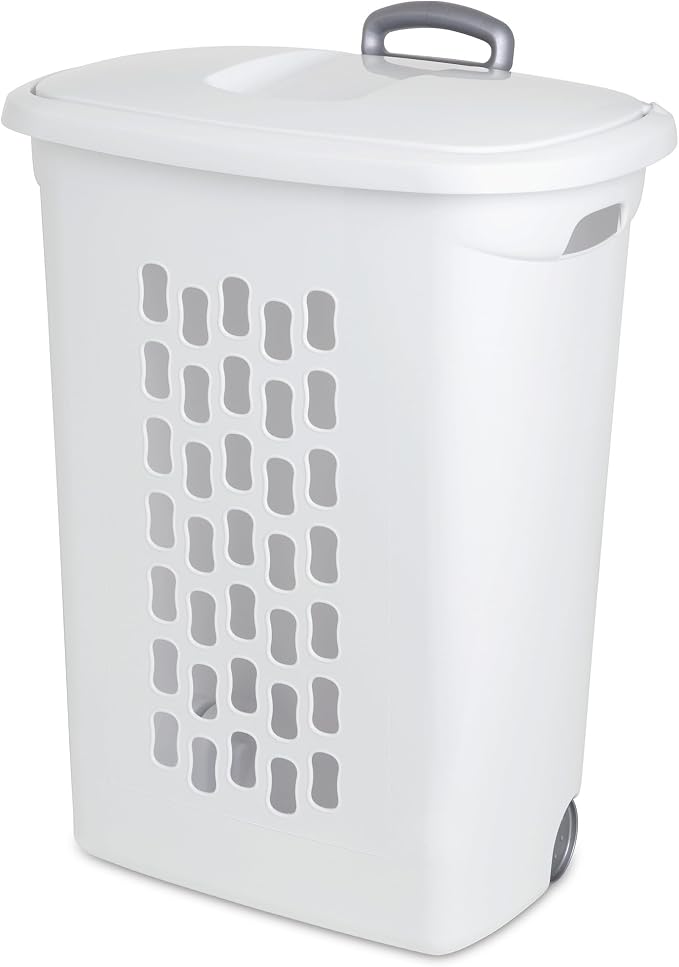 Sterilite 3 pack Ultra Wheeled Hamper, Laundry Basket w/Flip-Top Lid & Retractable Handle - Plastic Rolling Clothes Storage Cart with Ventilated Holes for Home, Apartment or Dorm - Image 4