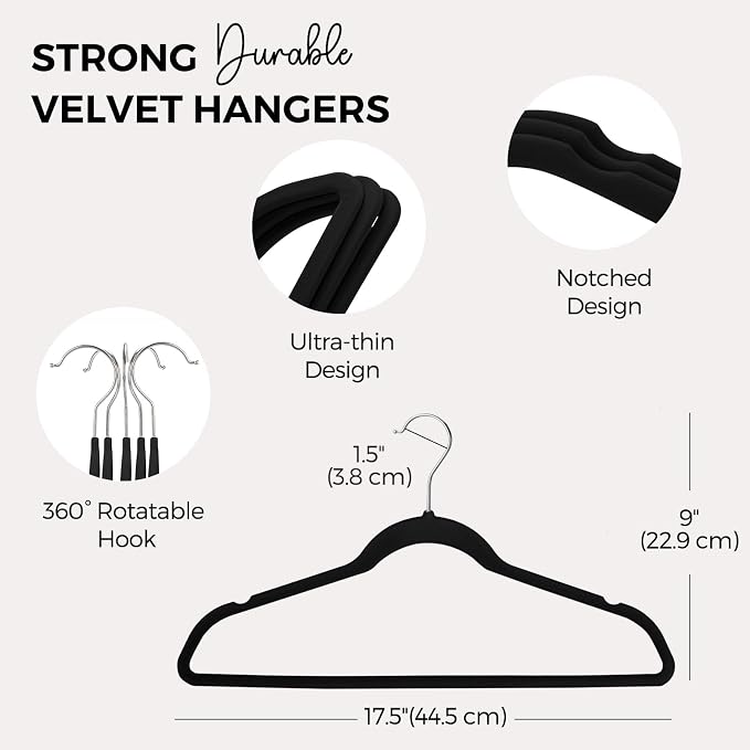 HOUSE DAY Premium Velvet Hangers 50 Pack Black, Non-Slip Flocked Felt Hangers, Sturdy Clothes Hangers with 360° Rotatable Hook, Heavy Duty Coat Hanger, Durable Slim Hanger for Closet Space Saving - Image 7