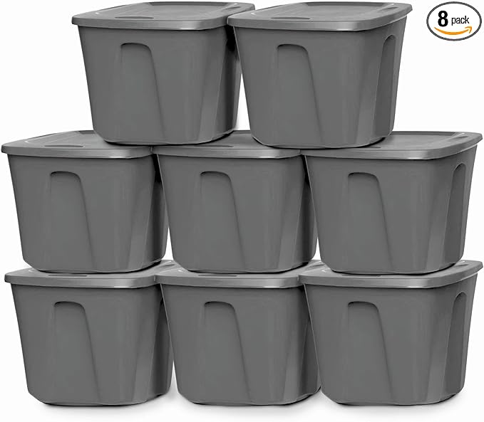 HOMZ 8-Pack Durable Molded Bin, Plastic Storage Containers w/Lids, 18 Gallon, Gray - Stackable Organizer Totes and Boxes for Bedroom, Kitchen, and Garage Organization