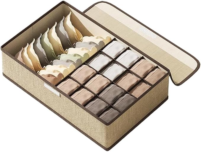 Sock Underwear Organizer Divider with Lid, 1+16 Cells Drawer Fabric Foldable Cabinet Closet Storage Boxes for Storing Socks, Underwear, Ties (Beige) by Mrsnimou