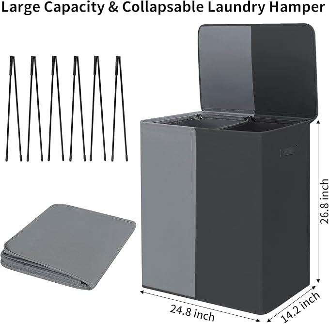 WOWLIVE Double Laundry Baseket with Lid and Removable Laundry Bags,154L Large Laundry Hamper 2 Section Collapsible Dirty Clothes Hamper for Laundry Room,College Dorm,Bathroom, Black and Grey - Image 5