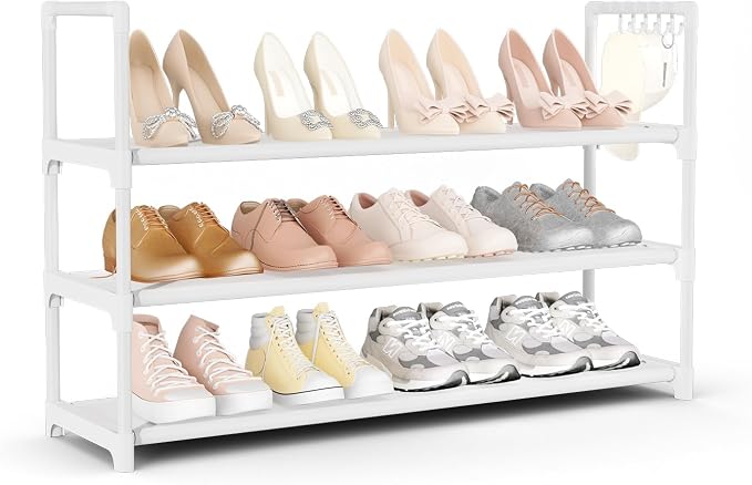 VILICK Shoe Rack for Closet Shoe Organizer Space Saver Storage for 12-15 Pair Shoe Shelf with Hook Free Standing 3 Tier Shoe Rack Organizer for Entryway, Small Spaces, White by VILICK