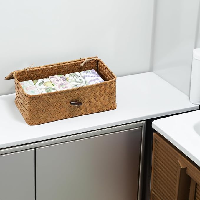 Set of 2 Wicker Basket with Lid, Seagrass Woven Basket for Storage, Decorative Storage Baskets Bins for Organizing Home - Image 4