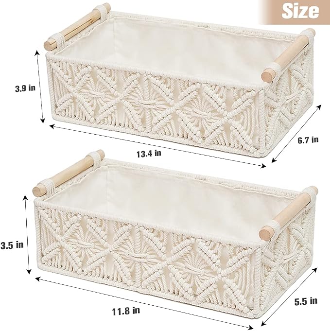 HOSROOME Macrame Storage Basket Boho Decor Baskets for Organizing Woven Decorative for Countertop Toilet Paper Basket for Tank Top for Home Decor Bedroom Nursery Livingroom Entryway (Set of 2) - Image 7
