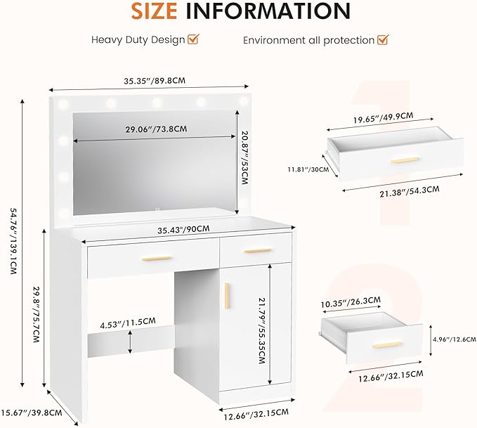 Sweetcrispy Vanity Desk with Mirror and 11 LED Lights, Makeup Vanity Table with Charging Station (2AC/USB/C), Dressing Table with 2 Drawers & Large Cabinet, 3 Lighting Color Adjustable, White