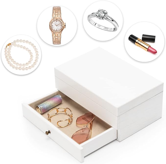 Meangood Jewelry Box Organizer for Women, 2 Layer Large Jewelry Storage Case, Rustic Wooden Jewelry Box with Mirror & Ring Tray for Necklace Earring Bracelets Rings, Vintage Style (White) - Image 4