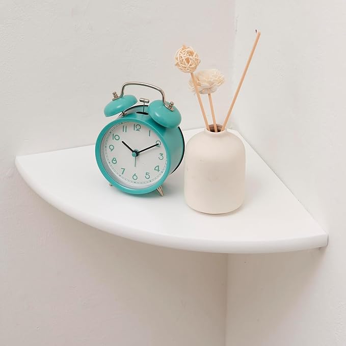 Corner Shelf, Solid Oak Wood Floating Corner Shelf Wall Mount Round End Floating Speaker Shelves with Wire Hole for Small Plant Photo Frame for Bedroom Kitchen, Living Room (White, 8.7in) by Coamily