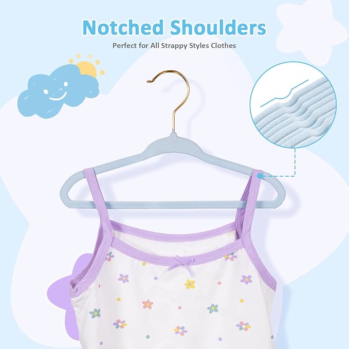 Tonswachic Baby Hangers 50 Pack - 11 Inch Premium Velvet Non Slip Kids Hanger for Infant & Toddler Clothes - 0.2" Ultra Thin Baby Closet Hangers with 10 Hanger Clips - Blue - Image 7