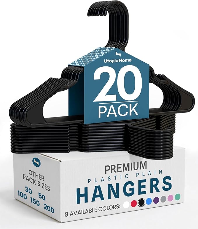 Utopia Home Plastic Hangers 20 Pack - Perfect Space Saving Clothes Hanger - Durable and Strong - Perfect Closet Organizers with Shoulder Grooves (Black) by UTOPIAHOME