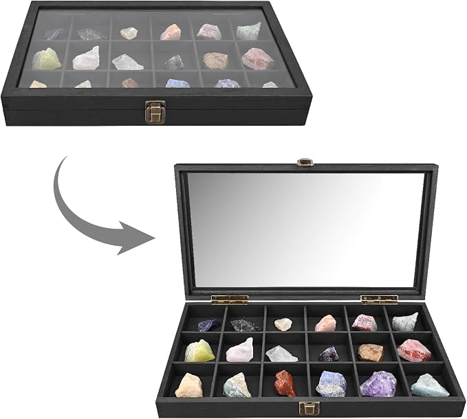 MOOCA Wooden Jewelry Display Case with Tempered Glass Lid & 18 Compartments Tray, Rock Collection Box, Crystal Display Case, Black Color - Image 4
