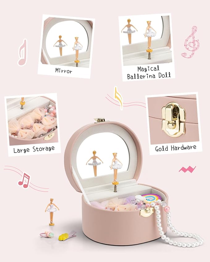 Vlando Musical Jewelry Box for Girls, Small Kid Music Box with Ballerina for Birthday Bedroom Decor, Gifts for Girls Kids - Pink - Image 5