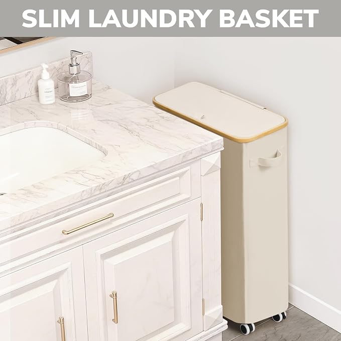 Goodpick Slim Laundry Basket with Wheels and Lid, 75L Narrow Laundry Hamper with Handles Removable Bag, Rolling Clothes Hamper for Dorm Bathroom Bedroom, 17" x 9.8" x 29.5", Beige - Image 6