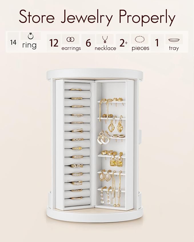 VLANDO 360°Rotating Jewelry Box,Earring Organizer Large Vertical Jewelry Organizer with 6 Necklace Hooks, Open Ring Display Storage for Women -White - Image 7