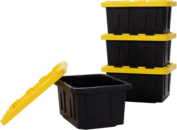 Plastic 5-Gallon Storage Tote with Lockable Lid, Stackable Tough Regular-Duty Bin for Garage, Tools, and Home Organization (4-Pack) - Black and Yellow - Image 10