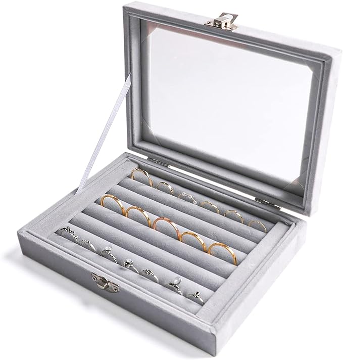 Frebeauty Rings/Earring Organizer Tray with Clear Lid,7 Slots Ring Box Velvet Ring Holder Drawer Insert Jewelry Storage Box Jewelry Display Case Jewelry Box Gift for Women and Girls(Grey,7 Slots) by Frebeauty