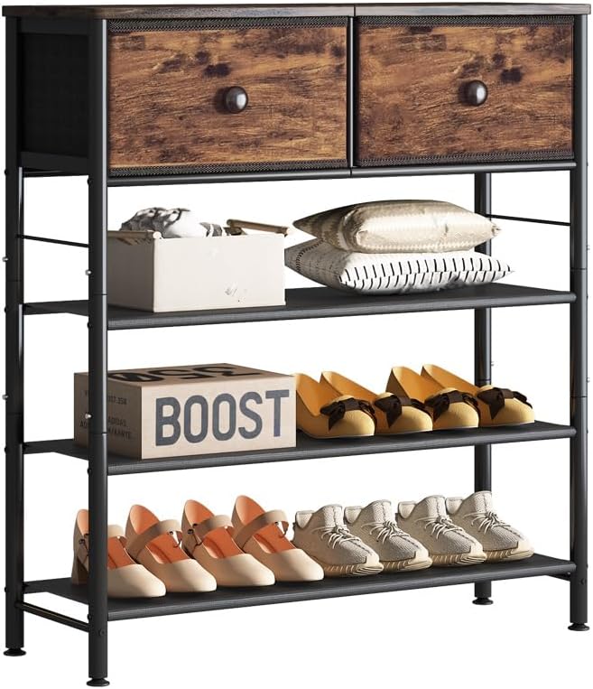 INGIORDAR Shoe Rack Organizer 5 Tier Metal Organizer Shelf with Industrial MDF Board and Layer Fabric for Entryway Closet Bedroom Living Room Garage (Black+Rustic Brown, 4 Tier with 2 Drawers) by INGIORDAR