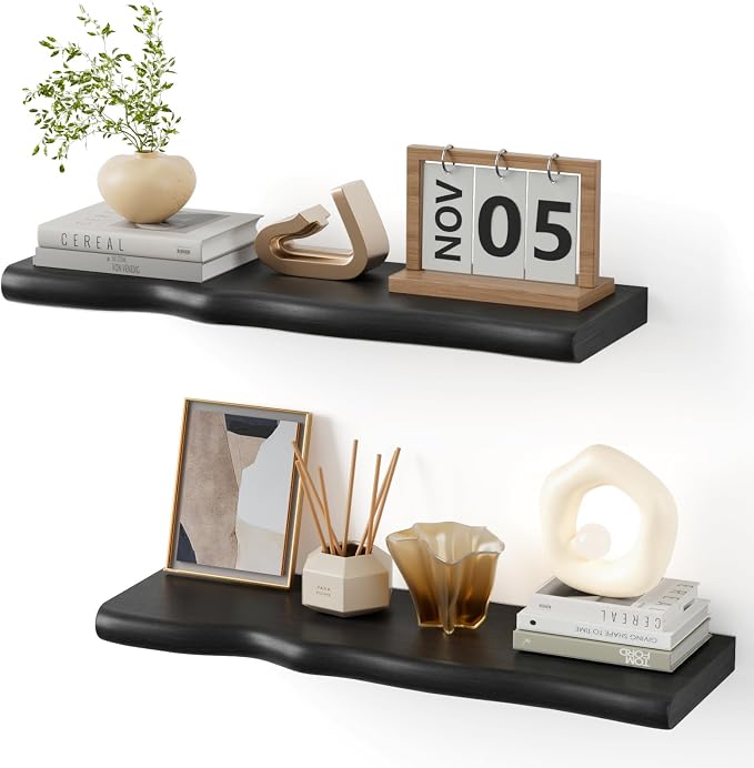 Floating Shelves for Wall Rustic Farmhouse 24 Inch Floating Shelf Bathroom Wooden Shelves for Wall Mounted Live Edge Pine Shelf with Unique Natural Grain for Living Room Bedroom Kitchen (Black) by Unknown