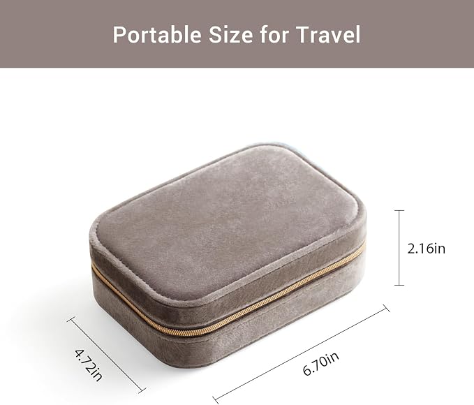 CASEGRACE Plush Velvet Travel Jewelry Box, Portable Jewelry Case for Women Girls, Double Layer Jewelry Organizer Display Box for Necklace Earring Rings Bracelet, Travel Accessory Gifts, Grey - Image 3