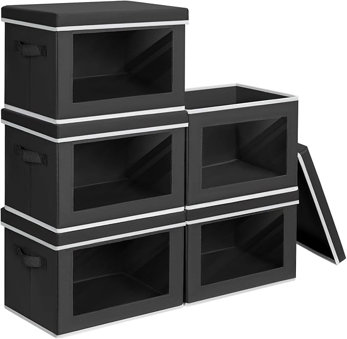 Homsorout Stackable Storage Bins with Lids - Large Decorative Basket with Lids, Fabric Foldable Closet Organizer Bins, Shelf Organizer for Living Room, Dorm, 5 Pack, Black by Homsorout