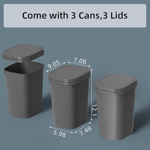 KSSKSS 3 Pack Bathroom Small Trash Can with Lid, 2.6 Gallon Slim Garbage Bin with Pop-Up Lid, 10L Plastic Wastebasket for Bedroom, Office, Kitchen, Toilet (Gray) - Image 6