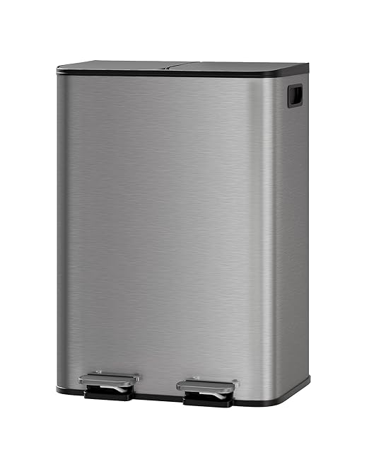 GarveeHome 2 x 8 gal Stainless Steel Double Trash Can with Lid for Kitchen, Large Dual Trash and Recycle Bin Combo, Step-on Kitchen Metal Garbage Cans, PP Inner Buckets, Liner Rim, Matte Grey by GarveeHome