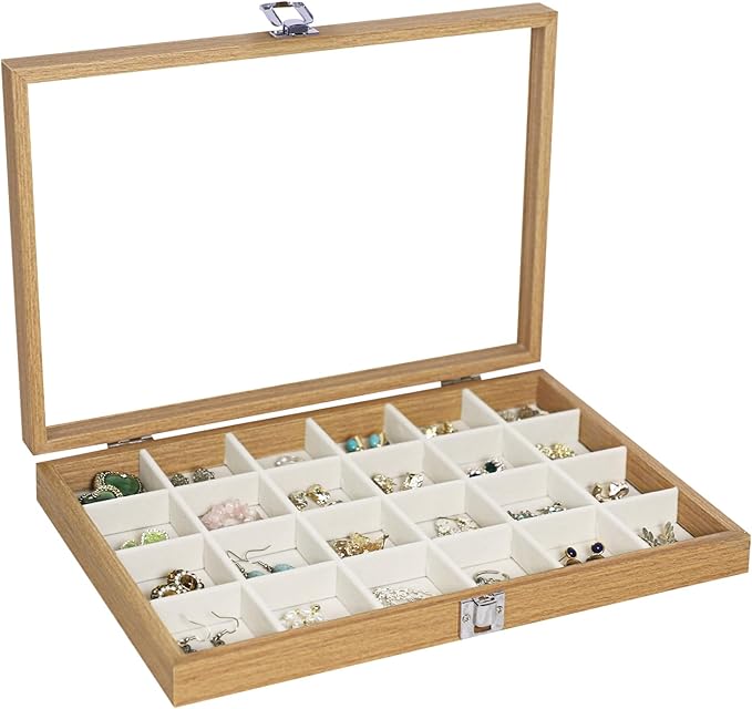 Stratalife Jewelry Organizer Wooden Jewelry Box Jewelry Display Case Jewelry Tray with Glass Lid Earring Holder Organizer Bracelet Ring Organizer 24 Grid Jewelry Tray Vintage Gift for Women by Stratalife