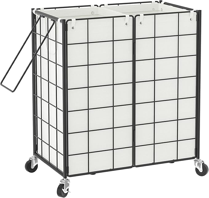 WOWLIVE Double Laundry Hamper with Wheels,Metal Wire Frame Rolling Laundry Basket with 2 Removable bags,120L Dirty Clothes Hamper Organizer Dorm Room Storage for Bedroom,Bathroom,Black and White by WOWLIVE