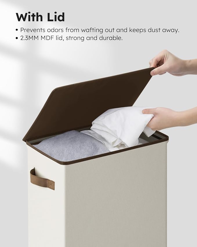 SOLEDI Slim Laundry Hamper with Lid, Narrow Laundry Basket with Removable Bags, Dirty Clothes Hamper with handle, Small Hamper perfect for Laundry room, Bathroom, Bedroom, Small spaces. 70L Beige - Image 3