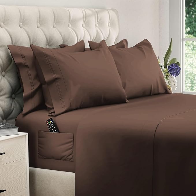 DREAMCARE Queen Sheet Set - 6 pcs Breathable Cooling Bed Sheets - up to 15" Deep Pocket Queen Sheets Set with Side Pockets - Extra Soft 100% Brushed Hypoallergenic Hotel Luxury Bedding -Mocha Brown