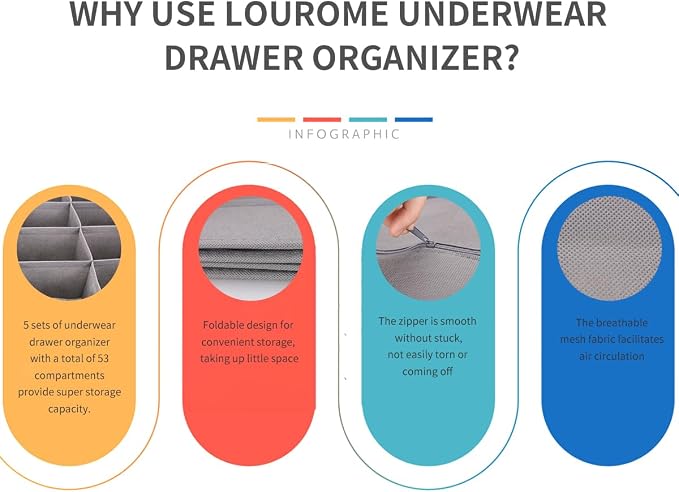 Lourome Underwear Organizer, 5 Set Foldable Fabric Underwear Drawer Organizer and Sock Organizer, Drawer Organizers for Clothing, Storage Bins for Underwear, Sock, Bra and Tie - Image 2